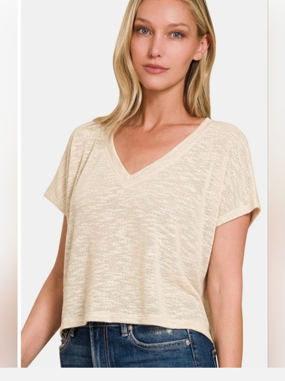 Zenana V-neck Sand Beige Drop Shoulder Crop Top Lightweight Shirt-M or XL